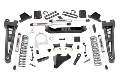 Take your truck to new heights with Rough Country's 6in Radius Arm Suspension Lift! This all-inclusive kit comes with everything you need for a total trasnformation of your truck. Run up to 37in tires while preserving the smooth, factory ride quality with this impressive upgrade.\
When changing a vehicle's suspension, the key to preserving ride quality is keeping the geometry of all suspension components as close to their factory angles as possible. Rough Country's new 6-inch Radius Arm Suspension Lift features a set of ultra-durable Radius Arms, precision fit to bolt right into the factory mounts for an easier install and a more factory-like angle. At 27lbs each, these beefy, upgraded Radius Arms dwarf stock equipment┬áand feature durable durable rubber bushings for maximum vibration absorption.\
This kit includes a set of lifted coil springs and ultra-durable, fabricated anti-wrap rear blocks that prevent binding and axle wrap. Best of all, this kit comes with your choice of Rough CountryΓÇÖs N3, V2 Monotube, or Vertex Adjustable Reservoir shocks! Includes Rough CountryΓÇÖs Lifetime Replacement Warranty