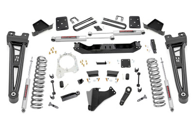 Take your truck to new heights with Rough Country's 6in Radius Arm Suspension Lift! This all-inclusive kit comes with everything you need for a total trasnformation of your truck. Run up to 37in tires while preserving the smooth, factory ride quality with this impressive upgrade.\
When changing a vehicle's suspension, the key to preserving ride quality is keeping the geometry of all suspension components as close to their factory angles as possible. Rough Country's new 6-inch Radius Arm Suspension Lift features a set of ultra-durable Radius Arms, precision fit to bolt right into the factory mounts for an easier install and a more factory-like angle. At 27lbs each, these beefy, upgraded Radius Arms dwarf stock equipment┬áand feature durable durable rubber bushings for maximum vibration absorption.\
This kit includes a set of lifted coil springs and ultra-durable, fabricated anti-wrap rear blocks that prevent binding and axle wrap. Best of all, this kit comes with your choice of Rough CountryΓÇÖs N3, V2 Monotube, or Vertex Adjustable Reservoir shocks! Includes Rough CountryΓÇÖs Lifetime Replacement Warranty