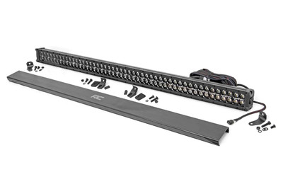 Command the Dark: Light up the night and stay on the trails longer with Rough Country's sleek 50-inch Dual Row CREE LED Light Bar. This powerful light bar offers 43,200 lumens of illumination and 200 watts of energy-efficient output, all housed in a stylish, modern frame. Featuring 96 high-intensity 5-watt CREE LEDs, it delivers superior brightness and durability for any adventure.The sleek black panel design complements vehicles with black accents, such as grilles, wheels, bull bars, or steps. Designed for all-weather performance, this light bar comes with a durable die-cast aluminum housing, ensuring maximum strength and heat dissipation. ItΓÇÖs also backed by an IP67 waterproof rating, providing reliable performance even in harsh conditions.This light bar contains 48 cool white daytime running LEDs for enhanced visibility and safety. Installation is made simple with the included premium, flat-wound wiring harness, complete with an on/off switch for easy operation. The light bar also features Rough Country's Light Bar Noise Silencers, designed to eliminate unwanted hums, whistles, and wind noise typically found in mounted LED light bars.This light bar includes both end mounts and adjustable base mounts, offering multiple mounting options for maximum versatility. A snap-on cover protects the lens, while Moisture Breather technology reduces moisture build-up inside the light. Plus, itΓÇÖs all backed by a 3-year warranty for peace of mind.