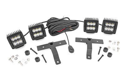 COMMAND THE DARK with Rough CountryΓÇÖs┬áQuad LED Light Pod Kit! This all-inclusive kit comes with everything you need to mount two pairs of LED cubes on your JeepΓÇÖs cowl with an easy-to-install design that goes on lightning fast!\
Gain an incredible 5,760 lumens and 72 watts of combined lighting power with an easy 100% bolt-on installation process that will have you up and running in no-time flat! No cutting, no drilling, just bolt them up and instantly gain a powerful output of off-road illumination so you can always see the trail ahead.\
Each mount holds two LED light pods with a postionable base that lets you choose if you want them forward-facing or pitched outward for a wider area of coverage. Rough Country LED light cubes are IP67 Waterproof and includes a premium, braided wiring harness with in-line fuse and on/off switch.