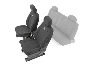 Want to protect your seats or are your seats showing signs of wear and tear from daily use? Say goodbye to unsightly stains and deterioration with Rough Country's Neoprene Seat Covers - the ultimate solution for preserving your vehicle's interior.Snug Fit for Optimal Protection: Our seat covers are tailored to fit your seats perfectly, providing a protective barrier against spills, scratches, and everyday wear and tear.Factory-Spec Construction: Engineered to meet factory specifications, our covers blend seamlessly with your vehicle's interior, giving it a fresh, new look without compromising on quality or style.Four-Layer Defense: With a four-layer construction featuring foam padding and a durable polyester shell, our seat covers offer unmatched protection and longevity, ensuring your seats stay looking new for years to come.Breathable and Water-Resistant: The neoprene layer not only provides breathability for added comfort but also boasts water-resistant properties, safeguarding your seats from spills and stains.Complete Coverage: Our covers come with full protection for your front seats, including headrest covers where applicable, as well as rear covers to shield your back seats from children and pet-related mishaps.Peace of Mind Warranty: Rest easy knowing your purchase is backed by our two-year warranty, giving you confidence in the durability and reliability of our product.Don't let worn-out seats diminish your driving experience. Upgrade to Neoprene Seat Covers today and enjoy a fresh, stylish interior that's protected against the rigors of daily life on the road.