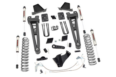 Compliment your 2015-2016 Ford F-250's aggressive, good looks with Rough Country's 6-inch Radius Arm Lift Kit for models without rear factory contact overload springs. Rough Country's 6-inch Lift Kit was engineered to retain the F-250's impressive factory specs while bumping up performance and durability where it's needed most. The result is an aggressive, lifted beast with a mean profile and balanced on and off-road ride quality.When changing a vehicle's suspension, the key to preserving ride quality is in keeping the geometry of all suspension components as close to their factory angles as possible. Rough Country's new 6-inch Radius Arm Suspension Lift features a set of ultra-durable Radius Arms, precision fit to bolt right into the factory mounts for an easier install and a more factory-like angle. At 27lbs each, these beefy, upgraded Radius Arms dwarf stock equipment while and feature durable durable rubber bushings for maximum vibration absorption.This all-inclusive kit also features an adjustable alignment cam at the axle to allow caster adjustment as well as a track bar relocation bracket and a drop pitman arm. A full set of V2 Shocks provide a truly balanced ride quality for on and off-road use - perfect for daily drivers. This kit also ships with a set of durable, lifted coil springs and brake line relocation brackets.This innovative kit design features a 100% bolt-on installation process that is lightning fast compared to other kits this size. Save time and money with no need for cutting, drilling, or other complicated procedures. Rough Country's 6-inch Radius Arm Lift Kit is backed by our Lifetime Replacement Warranty.