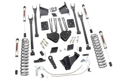 Gain greater travel and improved handling while adding ground clearance and aggressive style with Rough CountryΓÇÖs 4-Link F-250 Lift Kit.This innovative kit allows you to replace your factory arms with a 4-Link setup, using Rough CountryΓÇÖs durable, fixed upper arms and adjustable lower control arms. A set of radius arm drop brackets maintain proper geometry and allow for proper caster setting, which is crucial to maintain factory handling.This kit includes a set of lifted coil springs, radius arm drop-brackets, and ultra-durable, fabricated Anti-wrap rear blocks that prevent binding and axle wrap. This kit also includes stainless steel extended brake lines and brake line brackets to ensure you have everything you need to install your lift. Best of all, this kit features Rough CountryΓÇÖs Nitrogen-Charged V2 Shock Absorbers for the ultimate balance in off-road performance and a smooth highway ride. Includes Rough CountryΓÇÖs Lifetime Replacement Warranty