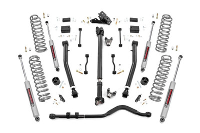 When it comes to your two-door Jeep JL, we know you need a lift that won't let you down. Our 3.5 Inch Lift Kit delivers legendary off-road prowess and smooth on-road handling.Increased Ground Clearance: Get ready to conquer those rocky trails and rough terrains like a boss! Our lift kit gives your Jeep Wrangler the extra inches it needs to clear obstacles with ease.Front-to-Rear Leveling: Tired of that nose-down stance? Ditch the unbalanced Jeep life with our leveling kit. We bring symmetry to your ride, lifting the front to match the rear, giving you a smooth and steady journey.Tuned Coil Springs for Superior Performance: Your Jeep's handling and ride quality matter, and we get that. Our coil springs come dialed in with OEM spring rates, delivering top-notch handling and a plush ride. Our linear coil rate springs take it up a notch, ensuring impeccable handling and stability, even when the terrain gets wild.Additional Tire Clearance: Who doesn't want bigger, beefier tires? Our lift kit makes room for larger tires (up to 35 inches), giving your Jeep a more aggressive look that will turn heads on and off the road!Heavy-Duty Track Bar: Our included track bar is an absolute beast, constructed from forged solid steel for unparalleled strength and durability. With its massive 1.25-inch outside diameter and rugged OEM-style rubber bushings, it's built to handle anything the off-road throws its way.Durable CV Driveshaft: The factory shaft does not have adequate clearance once lifted and will cause damage to the Rzeppa joint if the driveshaft spins while the suspension is fully flexed or articulated. Rough Country's extended Front CV Driveshaft eliminates this issue allowing you to flex your suspension with more peace of mind!Easy Installation: We know you'd rather be off-roading than in the garage all day. That's why our lift kit is designed for easy installation, so you can hit the trails in no time.