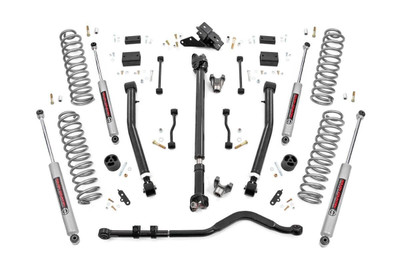 When it comes to your two-door Jeep JL, we know you need a lift that won't let you down. Our 3.5 Inch Lift Kit delivers legendary off-road prowess and smooth on-road handling.Increased Ground Clearance: Get ready to conquer those rocky trails and rough terrains like a boss! Our lift kit gives your Jeep Wrangler the extra inches it needs to clear obstacles with ease.Front-to-Rear Leveling: Tired of that nose-down stance? Ditch the unbalanced Jeep life with our leveling kit. We bring symmetry to your ride, lifting the front to match the rear, giving you a smooth and steady journey.Tuned Coil Springs for Superior Performance: Your Jeep's handling and ride quality matter, and we get that. Our coil springs come dialed in with OEM spring rates, delivering top-notch handling and a plush ride. Our linear coil rate springs take it up a notch, ensuring impeccable handling and stability, even when the terrain gets wild.Additional Tire Clearance: Who doesn't want bigger, beefier tires? Our lift kit makes room for larger tires (up to 35 inches), giving your Jeep a more aggressive look that will turn heads on and off the road!Heavy-Duty Track Bar: Our included track bar is an absolute beast, constructed from forged solid steel for unparalleled strength and durability. With its massive 1.25-inch outside diameter and rugged OEM-style rubber bushings, it's built to handle anything the off-road throws its way.Durable CV Driveshaft: The factory shaft does not have adequate clearance once lifted and will cause damage to the Rzeppa joint if the driveshaft spins while the suspension is fully flexed or articulated. Rough Country's extended Front CV Driveshaft eliminates this issue allowing you to flex your suspension with more peace of mind!Easy Installation: We know you'd rather be off-roading than in the garage all day. That's why our lift kit is designed for easy installation, so you can hit the trails in no time.