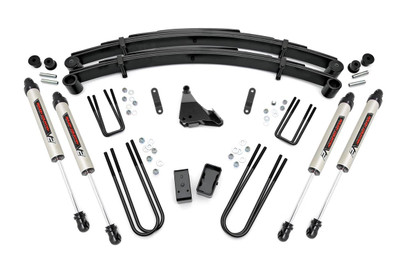 Give your 99-04 Ford Super Duty an impressive upgrade, front to back with Rough CountryΓÇÖs 4" Ford Suspension Lift Kit! This easy-to-install lift kit raises the front of your vehicle to be equal height with the rear for a leveled, better-than-stock look that gives an improved ride height and more aggressive appearance.\
This kit features a set of front, lifted leaf springs allowing you gain additional ride height without sacrificing ride quality or performance. A set of sway bar drop brackets and track bar bracket are provided to keep everything at optimum angles for a factory-like ride, even after lifting.\
Rough CountryΓÇÖs V2 Monotube Shocks are available┬áfor this kit. For those off-road hobbyists looking for a good step-up performance shock, the V2 Monotube will improve your ride quality with lighting-fast reaction with no cavitation - just unbridled vibration damping at each and every obstacle.┬á\
Get the wheels you want! Rough Country's 4" 99-04 Ford Suspension Lift Kit comes with everything you need to fit up to a 35" tire with proper wheel backspacing.\
Best of all, Rough Country's 4ΓÇ¥ Ford Suspension Lift Kit is backed by our Lifetime Replacement Warranty.