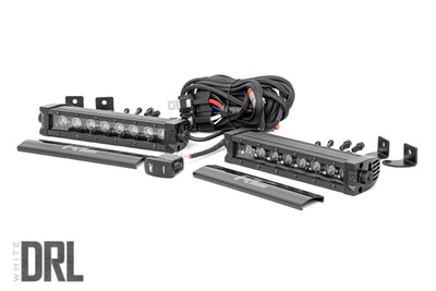 Command the Dark: Light up the night and stay on the trails longer with Rough Country's sleek 8-inch Single Row CREE LED Light Bar pair. These powerful light bars offer a combined 6,400 lumens of illumination and 80 watts of energy-efficient output, all housed in a stylish, modern frame. Featuring 8 high-intensity 5-watt CREE LEDs, it delivers superior brightness and durability for any adventure.The sleek black panel design complements vehicles with black accents, such as grilles, wheels, bull bars, or steps. Designed for all-weather performance, this light bar comes with a durable die-cast aluminum housing, ensuring maximum strength and heat dissipation. ItΓÇÖs also backed by an IP67 waterproof rating, providing reliable performance even in harsh conditions.This light bar contains 4 cool white daytime running LEDs for enhanced visibility and safety. Installation is made simple with the included premium, flat-wound wiring harness, complete with an on/off switch for easy operation. The light bar also features Rough Country's Light Bar Noise Silencers, designed to eliminate unwanted hums, whistles, and wind noise typically found in mounted LED light bars.This light bar includes  adjustable end mounts, offering multiple mounting options for maximum versatility. A snap-on cover protects the lens, while Moisture Breather technology reduces moisture build-up inside the light. Plus, itΓÇÖs all backed by a 3-year warranty for peace of mind.