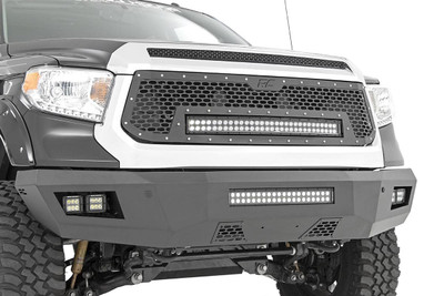 Give the front of your Toyota Tundra an aggressive, new appearance with Rough CountryΓÇÖs Front LED Bumper. This easy-to-install upgrade gives your truck an improved look and better protection that offer impressive off-road illumination! Rough CountryΓÇÖs Front LED Bumper is made of a durable, all-steel construction. Each bumper features four Rough Country 2in LED Cubes and a 20in LED Light Bar that offer over 15,000 lumens of combined lighting power. Each bumper also includes sensor relocators to allow you to retain the vehicleΓÇÖs anti-collision system. This incredible front bumper system is powder coated flat black and is ready to withstand the elements for a long lifespan of good looks. Rough CountryΓÇÖs Front LED Bumper is also easy to install with no cutting or drilling required! Complete the look with Rough CountryΓÇÖs Rear LED Bumper for a total transformation of your truck.