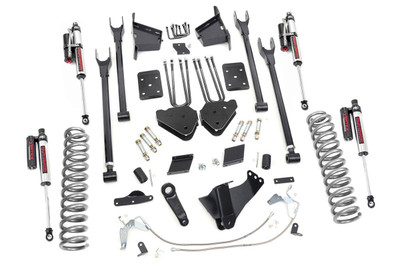 Gain greater travel and improved handling while adding ground clearance and aggressive style with Rough CountryΓÇÖs 4-Link F-250 Lift Kit for models with rear factory contact overload springs.This innovative kit allows you to replace your factory arms with a 4-Link setup, using Rough CountryΓÇÖs durable, fixed upper arms and adjustable lower control arms. A set of radius arm drop brackets maintain proper geometry and allow for proper caster setting, which is crucial to maintain factory handling.This kit includes a set of lifted coil springs, radius arm drop-brackets, and ultra-durable, fabricated Anti-wrap rear blocks that prevent binding and axle wrap. This kit also includes stainless steel extended brake lines and brake line brackets to ensure you have everything you need to install your lift. Best of all, this kit features Rough CountryΓÇÖs Nitrogen-Charged N2.0 Shock Absorbers for the ultimate balance in off-road performance and a smooth highway ride. Includes Rough CountryΓÇÖs Lifetime Replacement Warranty