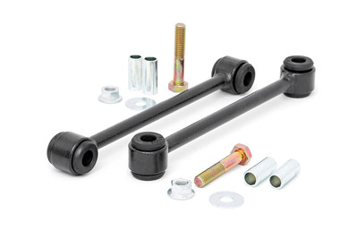 Improve Your Stability. Nothing can ruin your off-road experience, quite like sway bar links that are too weak to support the weight of your Jeep. Rough Country's Front-End Sway Bar Links smooth the motion transfer between the sway bar and the control arm and improve your YJ's handling, steering, and stability. They're a perfect replacement for off-roaders who like to go rock crawling or for drivers who want to get the most out of their vehicle's handling.\
Heavy-Duty Construction. Rough Country's Front Sway Bar Links are made from high-strength steel for maximum toughness, durability, and corrosion resistance. In addition, they have a durable, black powder coat for protection, which means you can rely on these end links to deliver top-notch performance for years to come. Whether you're looking for a fix that'll make your ride more stable and secure or want to improve how it handles in general - these front sway bar end links will provide exactly what's needed!\
Installation.ΓÇ»Your purchase includes all the necessary mounting hardware you need to bolt these front sway bar end links onto your Jeep. Installation can be completed in 2-3 hours.\
Limited Lifetime Replacement Warranty. Rough Country's products are backed with a limited lifetime replacement warranty towards manufacturer defects. As such, the product is protected from structural and workmanship damage after the date of purchase. With our industry-leading warranty, give yourself peace of mind when using Rough Country's products!
