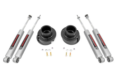Lift, level, and smooth out your ride with Rough Country's new and improved 2.5-inch RAM 2500/3500 Leveling Kit. Engineered to fit RAM trucks equipped with front radius arm suspension setups, this easy-to-install kit gives a big boost at an unbelievable price!\\
Rough Country's durable coil spring spacers have been expertly redesigned to match the factory geometry of your truck, including the angle of the coil mounts and position of the rubber isolator, which perfectly indexes both springs to eliminate any chance of coil bowing. This kit also includes a pair of front N3 Shock Absorbers for better ride quality both on and off-road. Rough CountryΓÇÖs N3 shocks are nitrogen charged, featuring 10-Stage Velocity Sensitive Valving for a smooth ride no matter what the terrain.\\
This kit also features a lightning fast, 100% bolt-on installation process that couldn't be easier or less invasive to your new vehicle. Includes Rough Country's Lifetime Replacement Warranty.