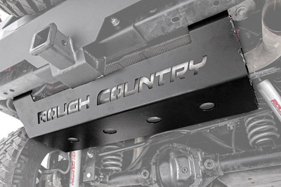 So, youΓÇÖve beefed up the outside of your Jeep JK, but what about the underside?Protect your JKΓÇÖs Muffler from off-road hazards with Rough CountryΓÇÖs Muffler Skid Plate. This durable, 3/16 plate steel skid helps to protect your muffler from rocks, debris and anything else you can throw at it! The Jeep JKΓÇÖs exposed muffler is a vulnerable weak-spot when rock crawling or traversing uneven terrain. Fortify this area with a layer of plate steel protection and gain incredible peace of mind on your next trip out on the trails!This easy upgrade looks great, too, featuring a laser-cut ΓÇ£Rough CountryΓÇ¥ logo with anangled design and port holes for proper airflow and heat dissipation. With a 100% bolt-on installation procedure, this upgrade is easy to install as well, and features Rough CountryΓÇÖs Limited Lifetime Warranty.