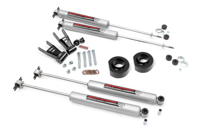 Give your jeep extra lift with Rough CountryΓÇÖs 1.5ΓÇ¥ Suspension lift kit. The bolt-on installation process is easy, and these spacers and rear shackles help maintain a factory-like ride quality while giving you that extra clearance youΓÇÖre looking for.\
A set of Rough Country's premium N3 shocks are also included. These fine tuned 10-stage variable high-pressure Nitrogen charged shocks offer a fantastic blend of off-road action and smooth highway ride quality. With a durable 18mm spring-loaded piston rod and faster-cooling 54mm shock body.