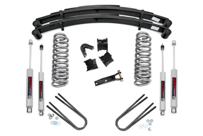 Give your 78-79 Ford Bronco an aggressive look from front to rear with Rough CountryΓÇÖs 4" Ford Suspension Lift Kit! This easy-to-install leveling kit raises the front of your vehicle to be equal height with the rear for a leveled, flush look that gives a better ride height and more aggressive appearance.\
This kit features a set of front, durable coil springs and rear leaf springs allowing you gain additional ride height without sacrificing ride quality or performance. A set of 7 degree c-bushings and track bar drop bracket are provided to keep everything at optimum angles for a factory-like ride, even after lifting. Our fabricated rear blocks offer considerably more strength than their cast iron counterparts.\
A set of Rough Country's premium N3 shocks are also included in this kit. These fine tuned 10-stage variable high-pressure Nitrogen charged shocks offer a fantastic blend of off-road action and smooth highway ride quality. With a durable 18mm spring-loaded piston rod and faster-cooling 54mm shock body.\
Get the wheels you want! Rough Country's 4" Ford Suspension Lift Kit comes with everything you need to fit up to a 35" tire with proper wheel backspacing.\
Best of all, Rough Country's 4" Ford Suspension Lift Kit is backed by our Lifetime Replacement Warranty.