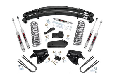 Give your 80-96 Ford Bronco an aggressive look from front to rear with Rough CountryΓÇÖs 4" Ford Suspension Lift Kit! This easy-to-install leveling kit raises the front of your vehicle to be equal height with the rear for a leveled, flush look that gives a better ride height and more aggressive appearance.\
This kit features a set of front, durable coil springs and rear leaf springs allowing you gain additional ride height without sacrificing ride quality or performance. A set of radius arm and I-Beam drop brackets are provided to keep everything at optimum angles for a factory-like ride, even after lifting. Our fabricated rear blocks offer considerably more strength than their cast iron counterparts.\
A set of Rough Country's premium N3 shocks are also included in this kit. These fine tuned 10-stage variable high-pressure Nitrogen charged shocks offer a fantastic blend of off-road action and smooth highway ride quality. With a durable 18mm spring-loaded piston rod and faster-cooling 54mm shock body.\
Get the wheels you want! Rough Country's 4" Ford Suspension Lift Kit comes with everything you need to fit up to a 33x12.5" tire with proper wheel backspacing.\
Best of all, Rough Country's 4" Ford Suspension Lift Kit is backed by our Lifetime Replacement Warranty.