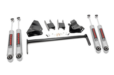 Give your 99-04 Ford Super Duty an impressive upgrade, front to back with Rough CountryΓÇÖs 2" Ford Leveling Lift Kit! This easy-to-install lift kit raises the front of your vehicle to be equal height with the rear for a leveled, better-than-stock look that gives an improved ride height and more aggressive appearance.\
This kit features a set of front, spring hanger brackets and shackles allowing you gain additional ride height without sacrificing ride quality or performance. All necessary components are provided to keep everything at optimum angles for a factory-like ride, even after lifting.\
A set of Rough Country's premium N3 shocks are also included. These fine tuned 10-stage variable high-pressure Nitrogen charged shocks offer a fantastic blend of off-road action and smooth highway ride quality. With a durable 18mm spring-loaded piston rod and faster-cooling 54mm shock body.\
Get the wheels you want! Rough Country's 2" Ford Leveling Lift Kit comes with everything you need to fit up to a 33" tire with proper wheel backspacing.\
Best of all, Rough Country's 2" Ford Leveling Lift Kit is backed by our Lifetime Replacement Warranty.