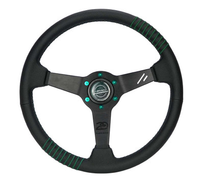 NRG Steering Wheel 1.5in Dish 350mm Black Perforated Leather - Emerald Stitching - Reinforced Spoke - RST-037MB-B-20 Photo - Primary