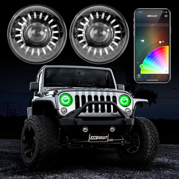 XK Glow 2pc 7in RGB LED Jeep Headlight XKchrome Bluetooth App Controlled Kit - XK-7IN-JP-KIT User 1