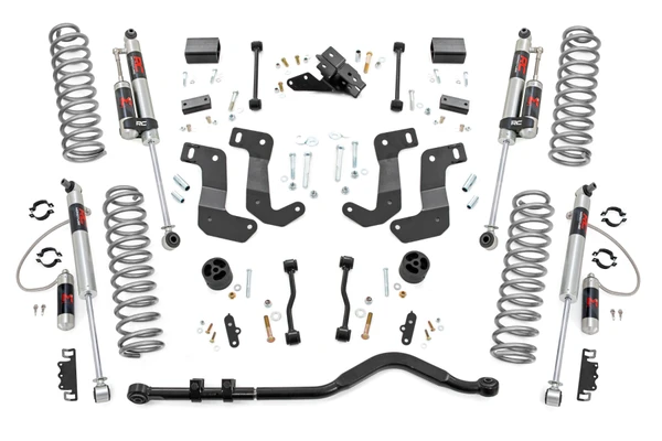When it comes to your 4-door Jeep JL, we know you need a lift that won't let you down. Our 3.5 Inch Lift Kit delivers legendary off-road prowess and smooth on-road handling.Increased Ground Clearance: Get ready to conquer those rocky trails and rough terrains like a boss! Our lift kit gives your Jeep Wrangler Unlimited the extra inches it needs to clear obstacles with ease.Front-to-Rear Leveling: Tired of that nose-down stance? Ditch the unbalanced Jeep life with our leveling kit. We bring symmetry to your ride, lifting the front to match the rear, giving you a smooth and steady journey.Tuned Coil Springs for Superior Performance: Your Jeep's handling and ride quality matter, and we get that. Our coil springs come dialed in with OEM spring rates, delivering top-notch handling and a plush ride. Our linear coil rate springs take it up a notch, ensuring impeccable handling and stability, even when the terrain gets wild.Additional Tire Clearance: Who doesn't want bigger, beefier tires? Our lift kit makes room for larger tires (up to 35 inches), giving your Jeep a more aggressive look that will turn heads on and off the road!Heavy-Duty Track Bar: Our included track bar is an absolute beast, constructed from forged solid steel for unparalleled strength and durability. With its massive 1.25-inch outside diameter and rugged OEM-style rubber bushings, it's built to handle anything the off-road throws its way.Easy Installation: We know you'd rather be off-roading than in the garage all day. That's why our lift kit is designed for easy installation, so you can hit the trails in no time.At Rough Country, we understand that no two off-road journeys are the same. That's why our 3.5-inch kit is fully adaptable, allowing you to select your preferred shock series: nitrogen-charged N3 shocks for balanced performance, M1 monotube shocks for advanced damping control, V2 monotube shocks for precision handling, or M1R remote reservoir shocks for maximum cooling and unmatched performance on extreme terrain. With Rough Country, you're not just upgrading your Jeep; you're defining your off-road legacy.