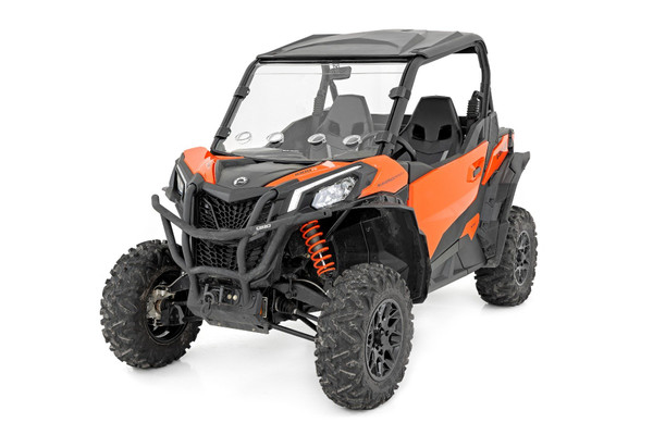 Added Protection and Customizable Comfort: Shield the occupants of your Can-Am Maverick Sport 1000R from off-road hazards like rocks, branches, and debris with Rough Country's Scratch-Resistant Windshield. This innovative design combines protection with unmatched comfort by featuring 4 adjustable vents that allow you to control airflow to suit your needs. Vents can be closed, opened, or half-opened for ultimate versatility. Whether you're navigating dusty trails or keeping cool on hot days, the 360 degree rotating vents provide superior flexibility, making every ride more enjoyable. High-Quality Polycarbonate Construction: Crafted from thick .25 polycarbonate material, Rough Country windshields deliver the ultimate combination of clarity, flexibility, and durability. Precision cut for a flawless fit, this material outperforms glass and acrylic in toughness, ensuring your windshield can handle even the roughest terrains. Enhanced Durability with Scratch and UV Resistance: Each windshield is coated with a secondary AR2 hard-coating process, creating a robust scratch-resistant barrier that extends its lifespan. This treatment also provides UV protection, ensuring your windshield remains clear and functional for years to come. Contoured Design with a Precision Fit: The contoured design and premium rubber seal ensure a secure, rattle-free fit that keeps out dust, debris, and water, while seamlessly complementing the rugged aesthetics of your Can-Am Maverick Sport 1000R.Seamless Roof Compatibility: Engineered to integrate effortlessly with both factory and most aftermarket roofs, this windshield adds versatility without compromising style or functionality. Quick and Easy Installation: With a simple strap-on installation process, you can have your Rough Country windshield ready to go in as little as 15-30 minutes. Spend less time prepping and more time conquering the trails. Limited-Lifetime Replacement Warranty: Rough Country stands behind its products with a limited lifetime replacement warranty against manufacturer defects. Ride with confidence knowing your windshield is protected from structural or workmanship damage.
