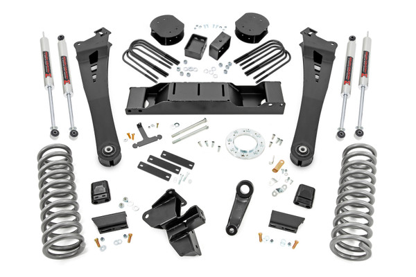 Unmatched Height: Compliment your RAM 3500's aggressive, good looks with Rough Country's new 5-inch Lift Kit with lifted coil springs. New model RAM Trucks come with a wealth of impressive features right from the factory. Rough Country's new 5-inch kit was engineered to retain these impressive factory specs while bumping up performance and durability where it's needed most. The result is a lifted beast with a mean profile and lush ride quality that'll make other Ram owners wonder where you got yours from!Durable Design: When changing a vehicle's suspension, the key to preserving ride quality is in keeping the geometry of all suspension components as close to their factory angles as possible. Rough Country's new 5-inch Suspension kit features a set of ultra-durable Radius Arms, precision fit to bolt right into the factory mounts for an easier install and a more factory-like angle. These beefy, upgraded Radius Arms also feature a durable, durable rubber bushings for maximum vibration absorption. This kit also includes a skid plate and a set of front, lifted coil springs for unparalleled ride quality from your lifted Ram 3500.Installation and Warranty: Our 5-inch Suspension Lift Kit provides an easy bolt-on installation with minor cutting and drilling required. Install time is just 6-8 hours, and all the hardware and instructions are included in the kit. Plus, our suspension lift kits are backed by Rough Country's Limited Lifetime Replacement Warranty, so you can rest assured that your investment is protected. So order your kit today and get your Ram 3500 looking its best!