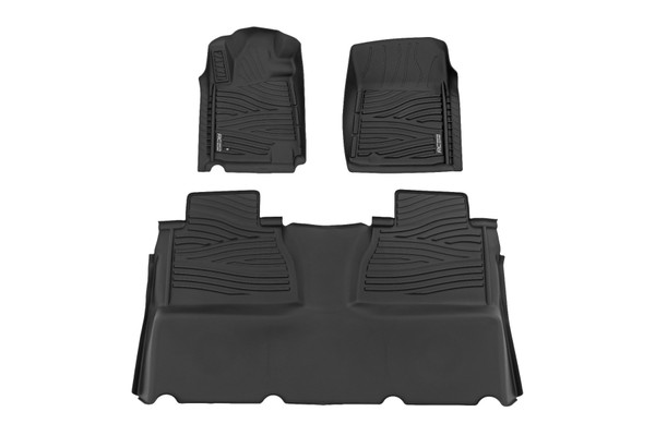 Introducing Flex-Fit floor mats ΓÇö the ultimate enhancement for your Toyota Tundra's interior and built tough to handle any challenge. Crafted from premium rubber-like material, these mats are as durable as they come, perfectly tailored to fit your Tundra's unique shape for a seamless finish.Stock floor mats just don't cut it for adventurers. They get trashed by mud, don't hold up to spills, and leave your carpets a mess. Give your ride the all-weather protection it deserves with Rough Country's Flex-Fit Floor Mats, the perfect solution for keeping your vehicle clean and protected.All-Weather Protection: Engineered to fit your vehicle perfectly, these mats provide top-notch defense against snow, mud, sand, saltwater, and more.Spill Saver Lip: Don't sweat the spills! Our mats feature a Spill Saver Lip that prevents liquids from reaching your carpet, so you can enjoy your coffee on the go without worry.Non-Slip, Textured Surface: Stay in control no matter the terrain with our mats' non-slip, textured surface, designed to keep your feet firmly planted while driving.Easy to Clean and Maintain: Cleaning up is a breeze! These mats are detachable and easy to clean, so you can spend less time on maintenance and more time hitting the road.Premium Materials: Constructed from a rubber-like TPE material, these mats are built to withstand extreme temperatures without cracking or warping. They will stay flexible and functional for the long haul.Effortless Installation: Forget wrestling with bulky mats. Flex-Fit Mats slide right into place for a quick and frustration-free installation.Upgrade your Toyota's defense against the elements with Rough Country's Flex-Fit Floor Mats. They'll keep your carpets looking fresh and give you peace of mind on every adventure.