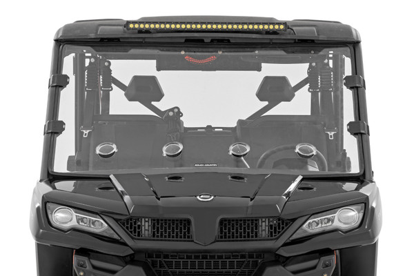 Added Protection and Customizable Comfort: Shield the occupants of your CFMOTO UFORCE from off-road hazards like rocks, branches, and debris with Rough Country's Scratch-Resistant Windshield. This innovative design combines protection with unmatched comfort by featuring 4 adjustable vents that allow you to control airflow to suit your needs. Vents can be closed, opened, or half-opened for ultimate versatility. Whether you're navigating dusty trails or keeping cool on hot days, the 360┬░ rotating vents provide superior flexibility, making every ride more enjoyable. High-Quality Polycarbonate Construction: Crafted from thick .25 polycarbonate material, Rough Country windshields deliver the ultimate combination of clarity, flexibility, and durability. Precision cut for a flawless fit, this material outperforms glass and acrylic in toughness, ensuring your windshield can handle even the roughest terrains. Enhanced Durability with Scratch and UV Resistance: Each windshield is coated with a secondary AR2 hard-coating process, creating a robust scratch-resistant barrier that extends its lifespan. This treatment also provides UV protection, ensuring your windshield remains clear and functional for years to come. Contoured Design with a Precision Fit: The contoured design and premium rubber seal ensure a secure, rattle-free fit that keeps out dust, debris, and water, while seamlessly complementing the rugged aesthetics of your CFMOTO UFORCE. Seamless Roof Compatibility: Engineered to integrate effortlessly with both factory and most aftermarket roofs, this windshield adds versatility without compromising style or functionality. Quick and Easy Installation: With a simple strap-on installation process, you can have your Rough Country windshield ready to go in as little as 15ΓÇô30 minutes. Spend less time prepping and more time conquering the trails. Limited-Lifetime Replacement Warranty: Rough Country stands behind its products with a limited lifetime replacement warranty against manufacturer defects. Ride with confidence knowing your windshield is protected from structural or workmanship damage.