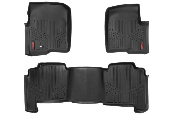 Keep your carpet in pristine condition with Rough Country's Floor Armor: Heavy Duty Floor Mats and Rear Cargo Liners. These eco-friendly, semi-flexible floor mats are made of an ultra-durable Polyethylene that offers a strong, rigid shape that's incredibly easy to clean.\
Where simple rubber floor mats fail, Rough Country's line of Floor Armor is guaranteed for life and will never crack, split, or break-down over time. The high-quality design extends the lifespan of your carpets and the raised-lip design ensures your interior will always be protected from mud, moisture, and more.\
These contoured floor mats are laser-measured for each make and model; designed to be a precise fit that grips the carpet and stays put. An aggressive looking textured surface gives your muddy shoes plenty of traction and looks great inside the vehicle.\
No matter what you track in, Rough Country Floor Armor is incredibly easy to clean. Just pop them out of the floorboards and rinse away the dirt! Includes Rough Country's Lifetime Replacement Warranty.