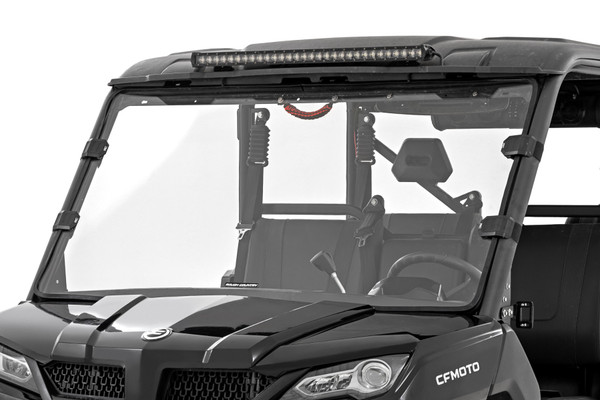 Added Protection and comfortability: Protect the occupants of your CFMOTO UFORCE from off-road hazards such as rocks, branches, and other debris with Rough Country's Scratch-Resistant Windshields. UTV Windshields offer a clear visual of the trail ahead and allow for a much more comfortable outing!High-Quality Polycarbonate Construction: Rough Country UTV windshields are constructed from thick polycarbonate material that is precision cut for a perfect fit. ┬áThe polycarbonate material provides an ideal combination of clarity, flexibility, durability that outperforms glass, acrylic, and other windshield materials.┬áDurable Scratch and UV Resistance: Each windshield is not only constructed from thick polycarbonate material but enhanced by a secondary AR2 hard-coating process.┬á This process completely coats the windshield with a hardened, scratch-resistant barrier.┬áThis treatment also provides the additional benefit of UV protection.Easy Installation: With a simple strap-on installation process, installing a Rough Country windshield couldn't be easier.┬á Within 15 ΓÇô 30 mins you can be ready to hit the trails.Limited-Lifetime Replacement Warranty: Rough Country's Scratch-Resistant Windshields are backed with a limited lifetime replacement warranty towards manufacturer defects. As such, the product is protected from structural and workmanship damage after the date of purchase. With our industry-leading warranty give yourself peace of mind when using Rough Country's Suspension products!