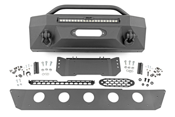 Give the front of your 4Runner an aggressive, new appearance with Rough CountryΓÇÖs Front Hybrid LED Bumper. This easy-to-install upgrade gives your SUV an improved look and better protection, with a 20in LED Light Bar that offers impressive off-road illumination and added winch capabilities your daily driver can become your weekend warrior!\
Rough CountryΓÇÖs Hybrid Bumper Kit is modular, letting you pick and choose the options you prefer. Each bumper features trim plates and mounting options that allow you to run a series of LED lights for impressive illumination and can accommodate a recessed winch for off-road recovery. For a more classic look, simply use the provided trim panels for a sleeker appearance.\
Take your 4Runner to the next level with this incredible front bumper system. Each bumper is powder-coated flat black and is ready to withstand the elements for a long lifespan of good looks. Best of all each bumper includes a 3-year warranty.