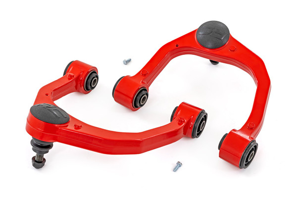 Durable One-Piece Design. Take your truck to the next level with Rough CountryΓÇÖs most durable Upper Control Arm to date! Rough CountryΓÇÖs Forged Upper Control Arms feature a solid, 1-piece design made of forged aluminum for superior strength and durability. This forged design outperforms all other types of arm construction, with no welding weak spots that could bend or break.High Strength Ball Joints. Rough CountryΓÇÖs Forged Upper Control Arms use POM ball joints which reduces metal-to-metal contact for less maintenance and longer service life versus standard or OE replacements. These Ball joints feature a POM ball race for an extremely low co-efficient of friction and an oversize ball diameter reduces load and improves range of motion in a fully greaseable design. Rough CountryΓÇÖs Forged Upper Control Arms also feature durable rubber bushings rubber bushings for superior quality and durability.Installation. Featuring a 100% bolt-on installation process, an estimated timeframe of 3-4 hours is recommended to complete this full installation. This full kit can be installed at home and can be completed efficiently and quickly!\
Limited Lifetime Replacement Warranty. Rough Country's Forged Aluminum Control Arms are backed with a limited lifetime replacement warranty towards manufacturer defects. As such, the product is protected from structural and workmanship damage after the date of purchase. With our industry-leading warranty give yourself peace of mind when using Rough Country's Suspension products!