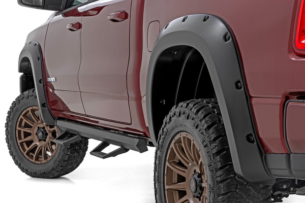 Protect your Ram 1500 in style.ΓÇ»Nothing turns heads like the style of your fifth-generation Ram 1500, so why not give it a little extra attitude with Pocket Fender Flares? Not only do they give your vehicle an awesome, simulated riveted look, but they also provide additional protection from rocks and mud. Plus, they offer maximum tire coverage and look great on lifted vehicles. And best of all, they're easily paintable to color match your Ram. So, gear up and roll with style with Rough Country's Pocket Fender Flares!Durability with aggressive looks. Who says you can't have it all? With our Pocket Fender Flares, you get the best of both worlds! Featuring 1.88" of tire coverage and 6" of fender coverage these flares not only look good, they provide your Ram 1500 with some much-needed protection from road debris. Rough Country's Pocket Fender Flares are UV protected to prevent fading. Plus, they're made from a special Tri-Blend ABS material for maximum strength and durability.Installation.ΓÇ»Our Pocket Fender Flares are a bolt-on install, which means a quick and easy no-drill installation for you! Each order includes step-by-step instructions.Warranty. Our Pocket Fender Flares are covered with a 3-year limited warranty. Rough Country's industry-leading warranty gives you the peace of mind to purchase with confidence.