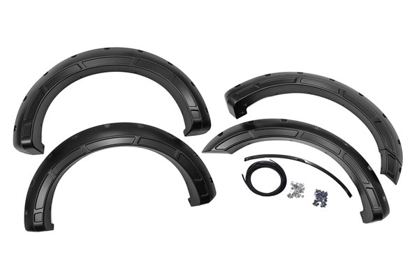 Innovative Design. ItΓÇÖs time to stand out from the crowd and rise above your peers. Increase your truck's tire coverage with Rough Country's Defender Flares for the fourteenth-generation Ford F-150. These aggressively good-looking flares transform your F-150's exterior boasting 2-inches of tire coverage. These uniquely designed flares are sure to protect your F-150's body from mud or road debris kicked up by the tires.\
Durable Construction. With everyday truck drivers in mind, Rough Country designed a Fender Flare that recognizes your expectations for tough tactical design, and your right to demand products with high reliability and outstanding quality. Don't settle for anything less! Rough Country's Defender Flares are designed to handle on or off-road terrain. Rough Country's fender flares are constructed of a smooth ABS UV-protected KoradΓäó plastic. This material is lightweight and can endure the elements. The UV treatment process eliminates chalking and helps prevent sun fading.\
Limited Lifetime Replacement Warranty. Rough Country's Defender Flares are backed with a limited lifetime replacement warranty towards manufacturer defects. As such, the product is protected from structural and workmanship damage after the date of purchase. With our industry-leading warranty give yourself peace of mind when using Rough Country products!\