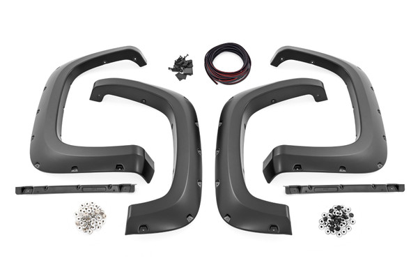 Add aggressive good looks quickly and easily with Rough Country's Fender Flares. Nothing compliments a new lift, wheels, and tires like a set of stylish, mean-looking fender flares. Rough Country's Fender Flares are designed with a simulated riveted look. These fender accessories bolt-on quickly and easily in a few secure mounting points, making installation a cinch. No cutting or drilling is required to install, and these flares can be easily removed and return your truck to stock! These UV treated fender flares ship in flat-black or can easily be painted to match your vehicle, and are designed to withstand the sun, rain and other elements of nature. Rough Country Fender Flares are guaranteed to be free of defects for 3 years!