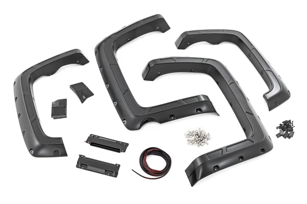 Innovative Design. ItΓÇÖs time to stand out from the crowd and rise above your peers. Increase your truck's tire coverage with Rough Country's Defender Flares for the Chevy Silverado 1500. These aggressively good-looking flares transform your Chevy's exterior boasting 2-inches of tire coverage. These uniquely designed flares are sure to protect your Chevy's body from mud or road debris kicked up by the tires.\
Durable Construction. With everyday truck drivers in mind, Rough Country designed a Fender Flare that recognizes your expectations for tough tactical design, and your right to demand products with high reliability and outstanding quality. Don't settle for anything less! Rough Country's Defender Flares are designed to handle on or off-road terrain. Rough Country's fender flares are constructed of a smooth ABS UV-protected KoradΓäó plastic. This material is lightweight and can endure the elements. The UV treatment process eliminates chalking and helps prevent sun fading.\
Limited Lifetime Replacement Warranty. Rough Country's Defender Flares are backed with a limited lifetime replacement warranty towards manufacturer defects. As such, the product is protected from structural and workmanship damage after the date of purchase. With our industry-leading warranty give yourself peace of mind when using Rough Country products!