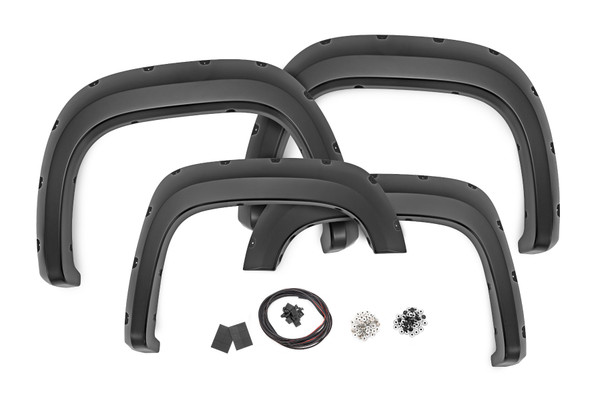 Add aggressive good looks quickly and easily with Rough Country's Fender Flares. Nothing compliments a new lift, wheels, and tires like a set of stylish, mean-looking fender flares. Rough Country's Fender Flares are designed with a simulated riveted look. These fender accessories bolt-on quickly and easily in a few secure mounting points, making installation a cinch. No cutting or drilling is required to install, and these flares can be easily removed and return your truck to stock! These UV treated fender flares ship in flat-black or can easily be painted to match your vehicle, and are designed to withstand the sun, rain and other elements of nature. Rough Country Fender Flares are guaranteed to be free of defects for 3 years!
