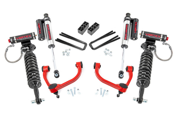 Upgrade your truck with an unbeatable combination of aggressive good looks, increased ground clearance, and premium components - all at an incredible value. Designed specifically for thirteenth-generation F-150 models, this kit delivers a hassle-free installation and enhanced performance both on and off the road.Premium Forged Aluminum Control Arms for Maximum Durability: This kit includes high-quality forged aluminum upper control arms, engineered for superior strength and easier alignment adjustments. Built with heavy-duty rubber bushings, these arms ensure long-lasting reliability while maintaining factory-like geometry. By keeping ball joints at optimum angles, they reduce stress and wear, giving your suspension an extended lifespan.Fully Configurable with All Shock/Strut Options: Customize your ride with the perfect suspension setup! Choose from nitrogen-charged N3 shocks for a balanced ride or upgrade to premium Vertex reservoir shocks for maximum performance and adjustability. Whether you're looking for comfort, off-road capability, or high-end damping control, this kit gives you full flexibility to dial in your ride quality.Balanced Stance with Increased Ground Clearance: This 3-inch lift kit levels the front and rear of your truck, eliminating factory rake and giving your F-150 a clean, aggressive stance. The included rear blocks provide additional lift while maintaining a factory-like ride. With this setup, your truck gets ample clearance for up to 34-inch tires without sacrificing drivability.Simple, Bolt-On Installation: Designed for easy installation, this kit features a 100% bolt-on process that can be completed with common tools in a home garage. No need for cutting or drilling - just a straightforward, stress-free upgrade. Plus, if you ever want to return your truck to stock, this kit allows for a full reversal with ease.Built to Last: With its durable construction and premium components, this lift kit is built to handle whatever the road throws your way. Plus, it comes backed by Rough Country's Limited Lifetime Replacement Warranty, ensuring long-term confidence in your investment.