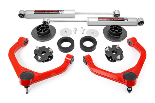 Rough Country's 3-Inch Bolt-On Kit delivers aggressive good looks, increased ground clearance, and an easy installation - all at an unbeatable value. Take your fourth-generation RAM 1500 to the next level with this premium lift kit, designed to enhance both on-road comfort and off-road capability. Increased Ground Clearance: Tackle rocky trails and rough terrain with confidence! This lift kit gives your RAM 1500 the extra height needed to clear obstacles effortlessly, improving both performance and protection. Front-to-Rear Leveling: Say goodbye to factory rake! This kit levels the front and rear of your truck, giving it a bold, aggressive stance that commands attention on and off the road. Premium Upper Control Arms: Equipped with forged aluminum upper control arms, this kit enhances strength and durability. These high-quality arms feature POM ball joints, providing a greater range of motion and smoother articulation for superior handling. These arms are also available in a red powder-coated finish for a custom look that stands out in the wheel wells. Pre-Installed Ball Joints: No hassle, no extra steps - our ball joints come pre-installed, making installation easier and ensuring long-term reliability.Hassle-Free Installation: Enjoy a bolt-on installation with no cutting or drilling required! This means less time in the garage and more time conquering trails.At Rough Country, we know every off-road journey is unique. That's why our 3-inch kit is fully adaptable, allowing you to choose between nitrogen-charged N3 shocks/struts for a smooth ride or M1 Monotubes for premium performance. With Rough Country, you're not just lifting your RAM - you're redefining your off-road experience.