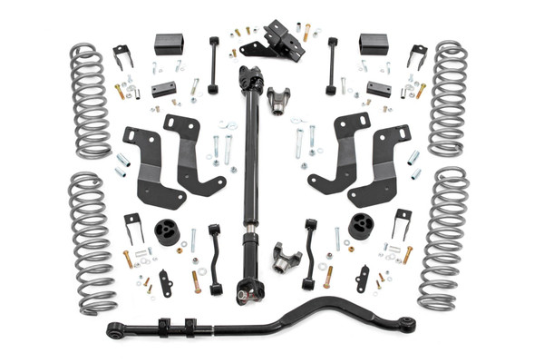 When it comes to your four-door Jeep JL 392 Unlimited, we know you need a lift that won't let you down. Our 3.5 Inch Lift Kit delivers legendary off-road prowess and smooth on-road handling.\
Increased Ground Clearance: Get ready to conquer those rocky trails and rough terrains like a boss! Our lift kit gives your Jeep Wrangler 392 Unlimited the extra inches it needs to clear obstacles with ease.\
Front-to-Rear Leveling: Tired of that nose-down stance? Ditch the unbalanced Jeep life with our leveling kit. We bring symmetry to your ride, lifting the front to match the rear, giving you a smooth and steady journey.\
Tuned Coil Springs for Superior Performance: Your Jeep's handling and ride quality matter, and we get that. Our coil springs come dialed in with OEM spring rates, delivering top-notch handling and a plush ride. Our linear coil rate springs take it up a notch, ensuring impeccable handling and stability, even when the terrain gets wild.\
Additional Tire Clearance: Who doesn't want bigger, beefier tires? Our lift kit makes room for larger tires (up to 35 inches), giving your Jeep a more aggressive look that will turn heads on and off the road!\
Heavy-Duty Track Bar: Our included track bar is an absolute beast, constructed from forged solid steel for unparalleled strength and durability. With its massive 1.25-inch outside diameter and rugged OEM-style rubber bushings, it's built to handle anything the off-road throws its way.\
Durable CV Driveshaft: The factory shaft does not have adequate clearance once lifted and will cause damage to the Rzeppa joint if the driveshaft spins while the suspension is fully flexed or articulated. Rough Country's extended Front CV Driveshaft eliminates this issue allowing you to flex your suspension with more peace of mind!\
Easy Installation: We know you'd rather be off-roading than in the garage all day. That's why our lift kit is designed for easy installation, so you can hit the trails in no time.\