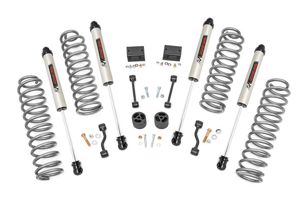 Put the finishing touch on your Jeep Wrangler JL 4-Door Rubicon with Rough Country's 2.5-Inch Suspension Lift Kit. This kit provides the clearance to easily run 35-inch tires, giving your JL a bold, trail-ready stance and taking its off-road performance to new heights.Level Up Your Ride: Eliminate the factory nose-dive and achieve a sleek, leveled look. This lift kit levels the front with the rear, giving your Jeep a rugged stance ready for any trail.Improved Off-Roading Performance: Gain the extra ground clearance needed to tackle challenging trails without worry. Optimized approach, breakover, and departure angles allow your JL to handle tough terrain with confidence.Ride Improvement: Linear coil rate springs enhance handling and load support, improving performance on winding trails and rough terrain.Custom Shock Options: Configure your lift with nitrogen-charged N3 shocks, V2, M1 Monotube, or premium M1R shocks to match your driving style, from comfortable daily use to serious off-road capability.Additional Tire Clearance: This kit clears up to 35-inch tires, giving your Jeep a bold, aggressive look that stands out on and off the road.Easy Bolt-On Installation: A hassle-free, 100% bolt-on design means you can install the lift quickly and get back to the trails without complicated modifications.