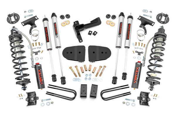 Explore New Heights. Give your fifth-generation Ford Super Duty superior lift height with Rough Country's 3-inch Coilover Suspension Lift Kit! This all-inclusive kit comes with everything you need for a total transformation of your truck. Run up to 35in tires while preserving the smooth, factory ride quality with this impressive upgrade.\
Durable Components. When changing a vehicle's suspension, the key to preserving ride quality is keeping the geometry of all suspension components as close to their factory angles as possible. Rough Country's new 3-inch Suspension Lift features a set of ultra-durable radius arm drop brackets, precision fit to bolt right into the factory mounts for an easier install and a more factory-like angle. Utilizing this conversion kit you're removing the factory independent coil shock and coil set-up and replacing it with a massive 2.5in piston, nitrogen-charged, 8-stage adjustable Vertex Coilover. Rough CountryΓÇÖs Vertex Coilovers feature a monotube design with an external reservoir for increased oil capacity and damping sensitivity. When it comes to investing in a high-end kit, youΓÇÖll be pleased to find that Rough CountryΓÇÖs 2.5in piston design is beefier and offers an impressive 56% greater fluid capacity than the average reservoir shock. Each kit is paired with a monotube shock that provides optimal damping control.\
Installation. Requiring cutting and drilling to install, an estimated timeframe of 6-10 hours is recommended to complete this full installation. This full kit can be installed at home and can be completed efficiently and quickly!\
Limited Lifetime Replacement Warranty. Rough Country's 3-inch Coilover Suspension Lift Kit is backed with a limited lifetime replacement warranty towards manufacturer defects. As such, the product is protected from structural and workmanship damage after the date of purchase. With our industry-leading warranty give yourself peace of mind when using Rough Country's Suspension products!