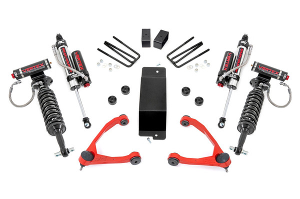 Conquer Trails with Confidence - Lift, Level, and Lead the Pack: Take your off-road capability to the next level with this all-inclusive Rough Country Lift Kit, engineered for superior performance and rugged durability. Whether you're eyeing a set of oversized tires or just want the extra clearance to navigate rocks and ruts, this kit delivers unbeatable value and versatility.Boosted Ground Clearance & Fully Reversible Design: Gain the height you need to dominate uneven terrain and clear large obstacles without sacrificing ride quality. Plus, when you're ready to revert to stock height, the fully reversible design makes it easy to return to factory specs.Optimized Axle Geometry for Driveline Longevity: With included differential drops, this kit helps maintain proper axle angles, reducing wear and tear on vital components while enhancing overall driveline performance.High-Articulation Forged Control Arms: Get superior flexibility and simplified installation with POM ball joints already pre-installed. These heavy-duty arms boast a low-friction ball race and oversized joint design for maximum wheel articulation and a maintenance-free experience. For added style, the control arms are also available in a striking red finish-perfect for those looking to add a bold accent to their suspension setup.Heavy-Duty Rear Lift Blocks: Unlike brittle cast blocks, the fabricated steel rear blocks included in this kit provide unmatched strength and a longer service life-built to stand up to harsh conditions and off-road abuse.Customizable Shock Options for Your Ride Style: From Rough Country's reliable N3 shocks to the elite Vertex reservoir series, this kit is fully compatible with all shock and strut options so you can tailor your suspension setup to match your driving needs.