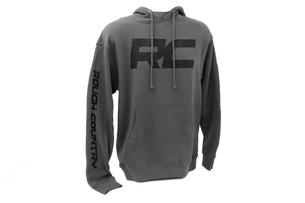 Our Rough Country Hoodie pullover is the perfect blend of function, style, and comfort. Made of a cotton and polyester blend, this charcoal hoodie features a black Rough Country wordmark on the chest as well as a down-the-sleeve for added style. With a drawcord with metal grommets plus hidden pockets, itΓÇÖs got all the features you count on when it comes to quality and functionality. Plus, ribbed cuffs and hem plus side-seamed panels provide extra strength so you know itΓÇÖll last. Stylish enough to wear from day-to-day but tough enough to take on any challenge; hit refresh with the newest addition from Rough Country. Get yours today!┬á