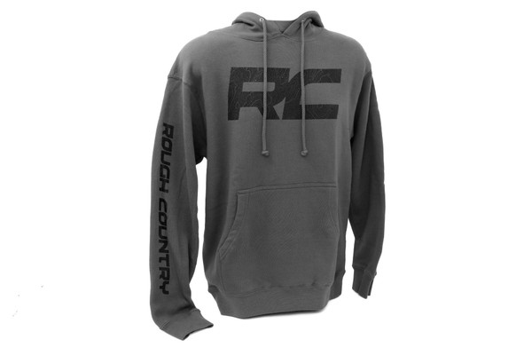 Our Rough Country Hoodie pullover is the perfect blend of function, style, and comfort. Made of a cotton and polyester blend, this charcoal hoodie features a black Rough Country wordmark on the chest as well as a down-the-sleeve for added style. With a drawcord with metal grommets plus hidden pockets, itΓÇÖs got all the features you count on when it comes to quality and functionality. Plus, ribbed cuffs and hem plus side-seamed panels provide extra strength so you know itΓÇÖll last. Stylish enough to wear from day-to-day but tough enough to take on any challenge; hit refresh with the newest addition from Rough Country. Get yours today!┬á