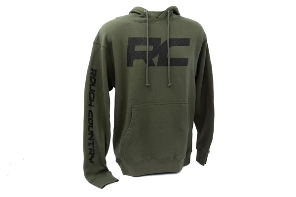 Our Rough Country Hoodie pullover is the perfect blend of function, style, and comfort. Made of a cotton and polyester blend, this army green hoodie features a black Rough Country wordmark on the chest as well as a down-the-sleeve for added style. With a drawcord with metal grommets plus hidden pockets, itΓÇÖs got all the features you count on when it comes to quality and functionality. Plus, ribbed cuffs and hem plus side-seamed panels provide extra strength so you know itΓÇÖll last. Stylish enough to wear from day-to-day but tough enough to take on any challenge; hit refresh with the newest addition from Rough Country. Get yours today!┬á
