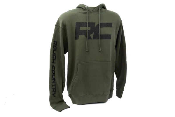 Our Rough Country Hoodie pullover is the perfect blend of function, style, and comfort. Made of a cotton and polyester blend, this army green hoodie features a black Rough Country wordmark on the chest as well as a down-the-sleeve for added style. With a drawcord with metal grommets plus hidden pockets, itΓÇÖs got all the features you count on when it comes to quality and functionality. Plus, ribbed cuffs and hem plus side-seamed panels provide extra strength so you know itΓÇÖll last. Stylish enough to wear from day-to-day but tough enough to take on any challenge; hit refresh with the newest addition from Rough Country. Get yours today!┬á