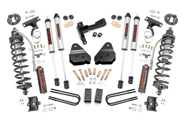 Explore New Heights. Give your Ford Super Duty superior lift height with Rough Country's 3-inch Coilover Suspension Lift Kit! This all-inclusive kit comes with everything you need for a total transformation of your truck. Run up to 35in tires while preserving the smooth, factory ride quality with this impressive upgrade.\
Durable Components. When changing a vehicle's suspension, the key to preserving ride quality is keeping the geometry of all suspension components as close to their factory angles as possible. Rough Country's new 3-inch Suspension Lift features a set of ultra-durable radius arm drop brackets, precision fit to bolt right into the factory mounts for an easier install and a more factory-like angle. Utilizing this conversion kit you're removing the factory independent coil shock and coil set-up and replacing it with a massive 2.5in piston, nitrogen-charged, 8-stage adjustable Vertex Coilover. Rough CountryΓÇÖs Vertex Coilovers feature a monotube design with an external reservoir for increased oil capacity and damping sensitivity. When it comes to investing in a high-end kit, youΓÇÖll be pleased to find that Rough CountryΓÇÖs 2.5in piston design is beefier and offers an impressive 56% greater fluid capacity than the average reservoir shock. Each kit is paired with a monotube shock that provides optimal damping control.\
Installation. Requiring cutting and drilling to install, an estimated timeframe of 6-10 hours is recommended to complete this full installation. This full kit can be installed at home and can be completed efficiently and quickly!\
Limited Lifetime Replacement Warranty. Rough Country's 3-inch Coilover Suspension Lift Kit is backed with a limited lifetime replacement warranty towards manufacturer defects. As such, the product is protected from structural and workmanship damage after the date of purchase. With our industry-leading warranty give yourself peace of mind when using Rough Country's Suspension products!