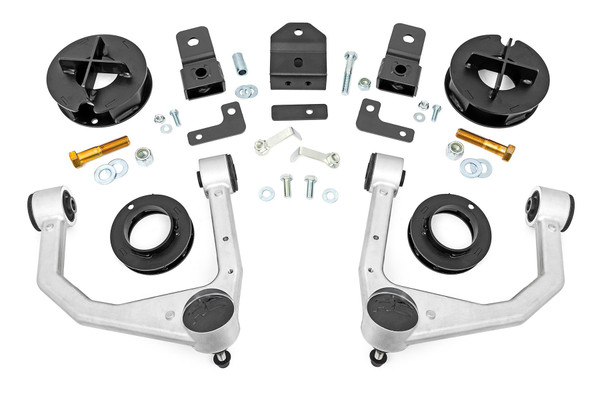 Transform Your Truck.ΓÇ»Make a bigger, bolder statement with Rough Country's 2.5 -Inch Lift Kit for your Tundra TRD Pro. Our 2.5-inch kit gives your new Tundra impressive good looks while overcoming the age-old problem of the nose-down look from the factory. And since this kit allows you to run larger-sized tires, you'll be able to conquer even more terrain! So whether you're looking to add some extra clearance for off-road adventures or want a tougher, more aggressive look for your Tundra, Rough Country has you covered.\\
Ultimate Upgrade. This rugged and durable lift kit is perfect for taking your Tundra to the next level. The new upper control arms keep ball joints at optimum angles for less wear and tear and include durable rubber bushings. It also features airbag spacers with new sensor arms for correct positioning. A rear track bar bracket keeps the axle centered under the rear of the truck, and a rear shock relocation bracket allows you to retain the use of factory rear shocks.\\
Installation.ΓÇ»Rough Country's 2.5-inch suspension lift kit for your Toyota Tundra is designed to take your truck to a new level of capability and style. With no cutting or drilling required, this easy bolt-on installation takes approximately 4-6 hours to complete.\\
Lifetime Replacement Warranty.ΓÇ»Rough Country's 2.5" Lift Kit is backed with a lifetime replacement warranty for manufacturer defects. As such, the product is protected from structural and workmanship damage after the date of purchase. With our industry-leading warranty, give yourself peace of mind when using Rough Country's Suspension products!