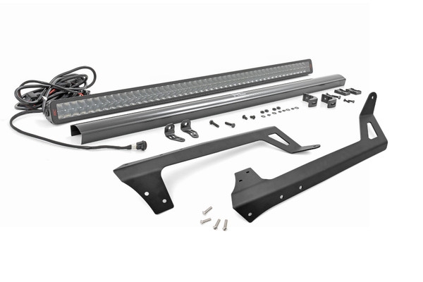 With durable steel construction and aggressive good looks, Rough Country's 50-inch LED Upper Windshield Light Bar Bracket is the ultimate solution for adding our premiere lighting system to your Jeep JK. With its modern, stylistic design and superior strength, this upper windshield mount holds your 50-inch Light Bar between the top of your Wrangler's windshield and roof, spanning the entire width of the roof and giving a killer look. Fits any standard 50-inch Off-Road LED Light. Includes a 50-inch Black Series LED Light.┬á