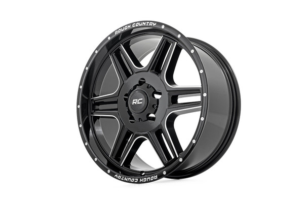 Looking to add a touch of cutting-edge style to your ride? Rough Country's Series 92 wheel is a great way to improve the look of your vehicle and update your wheels! These wheels feature a unique 6- double-spoke and exposed lugs that make it perfect for that rugged look. In addition, the gloss black with milled accents finish creates a true one-of-a-kind look. So, if you're looking to make a statement, these are the wheels for you!\
Rugged and Durable.ΓÇ»The Series 92 is a unique wheel that will have all eyes on your vehicle. Each wheel is made from single-piece aluminum for maximum strength and lightness. Plus, it includes our signature Rough Country black center cap. With our limited lifetime warranty, you can gear up and hit the open road with confidence, knowing that our wheels can handle anything that comes your way.